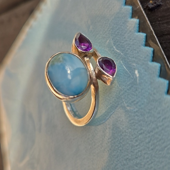 Larimar & Amethyst Solid Sterling Ring - Picture 3 of 4